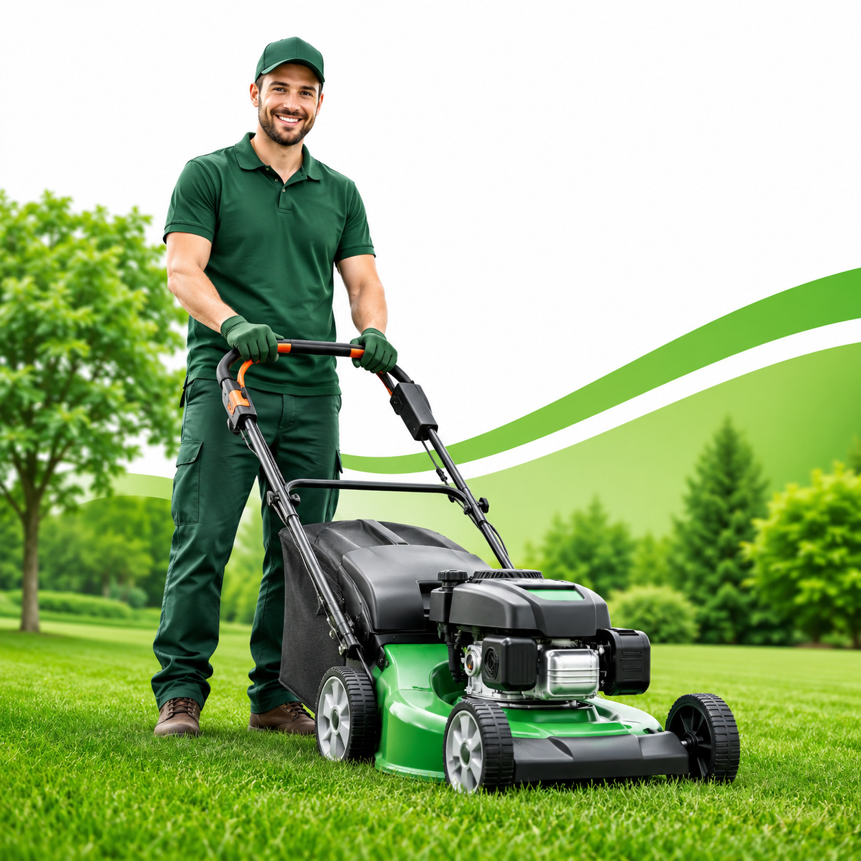 Professional lawn care technician working on a green lawn